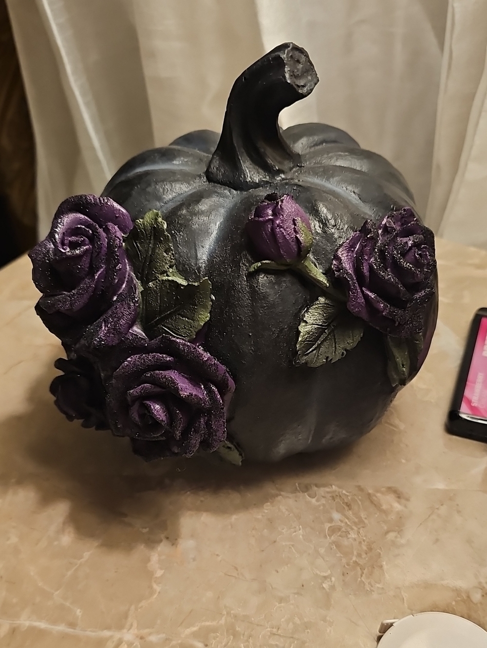 Decorative Black Pumpkin with Purple Rose Accents - Home Accent 22"Dx8.5"H New